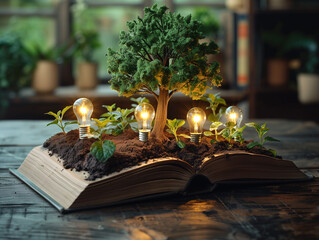 Tree with glowing lightbulbs planting on opening old big book. Education concept.