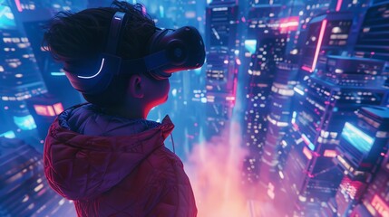 Boy wearing VR headset exploring metaverse world, top view, virtual quest, scifi tone, vivid