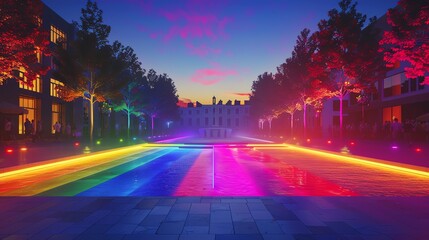 Equality concept with LGBTQ pride elements, vibrant public square, dusk lighting