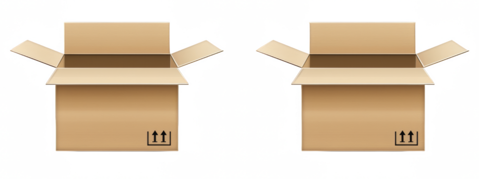 An open cardboard box isolated on a white background, png.