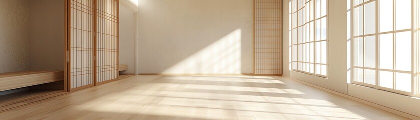 Minimalist Japandi empty room, light wood, 3D render, indirect soft lighting