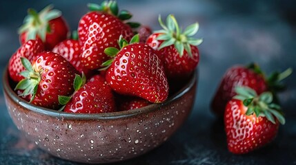   Close-up of a bowl of strawberries on a table, surrounded by additional strawberries