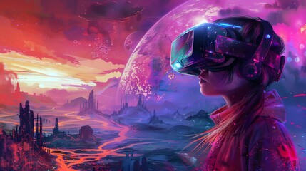 Obraz premium Young girl in VR gear in metaverse landscape, front view, digital exploration, technology tone, Triadic Color Scheme