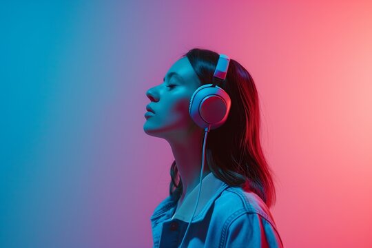 Beauty woman with headphones in blue and pink neon colours degraded background