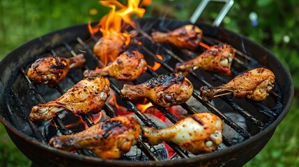 High quality stock photo of barbecued chicken for a summer time party at home in the backyard roasting over open charcoal coals