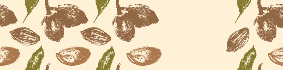 Almond banner background or label template design. Organic almond pattern with almond nuts crayon drawings. Almonds packaging or marzipan paste tag design. Vector botanical background.