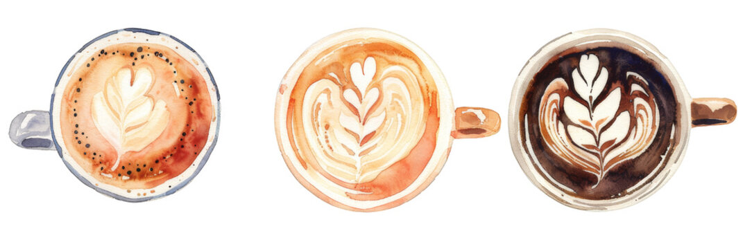 watercolor coffee latte art in three cups, white background, top view, clipart style, transparent background, png.