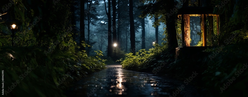 Poster A forest path is lit by a lantern and the trees are wet from the rain