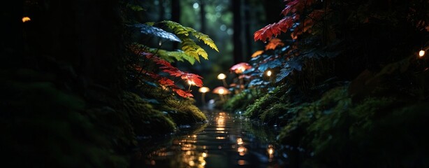 A forest path with a stream of water and glowing mushrooms