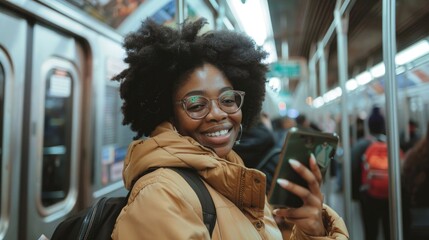 Young black woman taking a selfie on the New York subway train transport system, candid smiling...