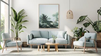 interior design with mock up poster pastel colored interior decoration and plants