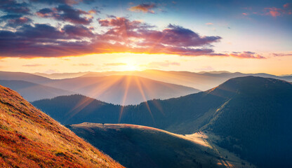 Unbelievable summer sunrise in Carpathian mountains. Great morning scene of Pishkonya mountain...