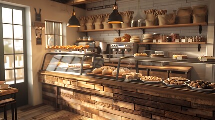Interior of a local coffee shop bakery counter with freshly baked food displayed for selling