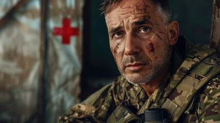 Naklejka premium The picture of the military medic officer in the warfare and has been surrounded with medical tent, the medic require skill medical knowledge, patient, medical procedures, compassion, empathy. AIG43.