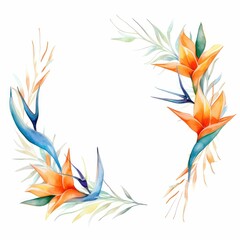 Fototapeta premium bird of paradise themed frame or border for photos and text.featuring exotic orange and blue flowers. watercolor illustration, flowers frame, botanical border, tropical wreath bird of paradise.