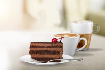 Lunch at  cafe with sweet cake, coffee cup