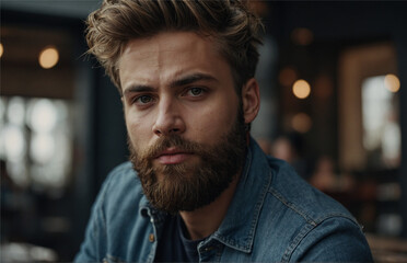 A striking young man with a well-groomed beard, dressed in casual yet fashionable clothing, captured in beautiful cinematic shots, Generative AI - Powered by Adobe