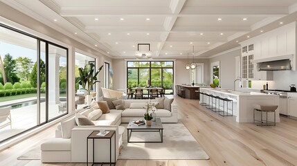 Fototapeta premium kitchen and living room in newly constructed luxury home