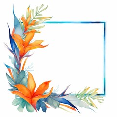 Naklejka premium bird of paradise themed frame or border for photos and text.featuring exotic orange and blue flowers. watercolor illustration, flowers frame, botanical border, tropical wreath bird of paradise.
