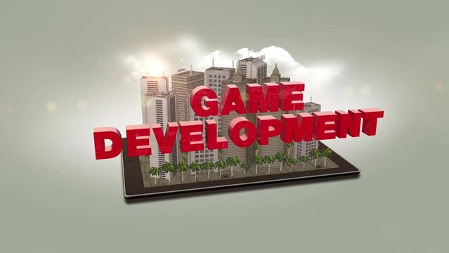 Game Development Sign On A Digital Tablet. Smart City. Technology Related 3D Animation.