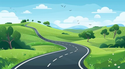 A winding road through a serene green landscape under a clear blue sky