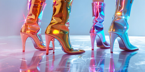 shiny holographic knee high boots on neon background,
