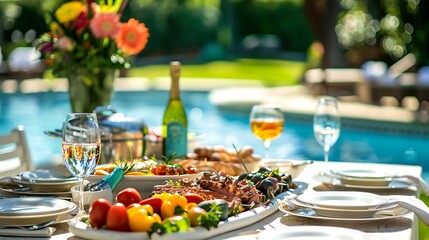 Lunch food and table in garden patio for weekend celebration meal or bbq picnic at pool brunch drinks and setting for outdoor social gathering in backyard with home cooking event in sun