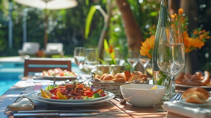 Lunch food and table in garden patio for weekend celebration meal or bbq picnic at pool brunch drinks and setting for outdoor social gathering in backyard with home cooking event in sun