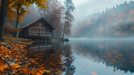 Fototapeta premium Peaceful Mountain Retreat During Autumn s Vibrant Transformation A Serene Lake Reflecting the Changing Foliage Surrounding a Cozy Cabin in the Woods