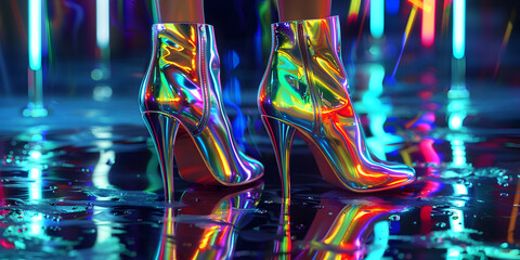 Sparkling Sequin Boots on Dance Floor with Colorful Disco Lights.