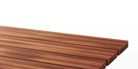 Wooden kitchen table corner, perspective view with texture. Wood tabletop angle surface for product presentation. 3d empty garden desk on foreground for dining display in rustic restaurant template