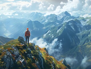 Lone Hiker Embracing Expansive Mountain Ridge Views in Serene Natural Landscape