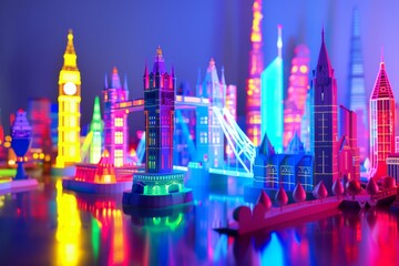 Obraz premium A building with a blue and orange design is shown in a blurry image