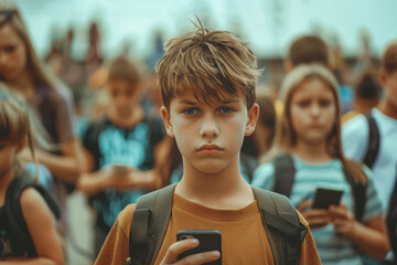 Fototapeta premium boy holding smartphone and standing in crowd of children who look at mobile phones. Concept of gadget addiction