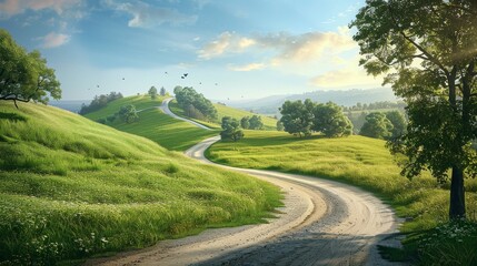 Serpentine road meandering through a sunlit verdant landscape