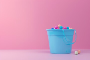 A blue bucket filled with colorful balls sits on a pink background