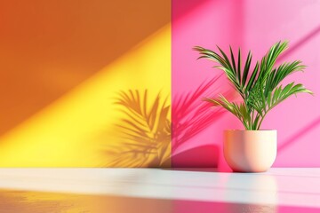 A plant is sitting in a pink pot on a white wall