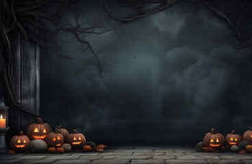 A spooky backdrop with a haunted evil glowing eyes of Jack O' Lanterns on the sides of a wooden deck for a scary halloween night. Halloween night scene background with carved pumpkins and gray wall.