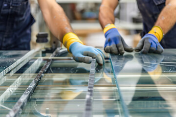 Workers inspecting glass sheets for windows,  manufacturing process in factory.