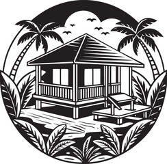 Tropical house on the beach. Black and white illustration.