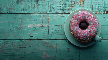   A donut with sprinkles on a plate on a blue wooden table next to a cup of coffee
