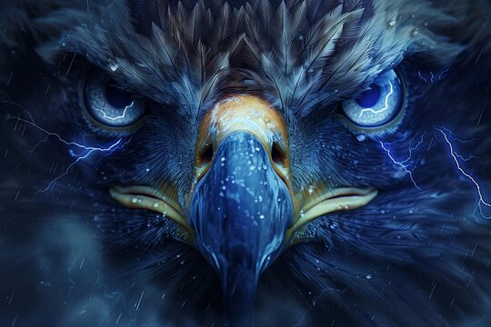 Close-up on the intense eyes of a pair of eagles, with reflective cool blue lightning highlights mirroring the stormy sky around them,