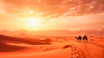 Fototapeta premium Tuareg with camels walk thru the desert on the western part of The Sahara Desert in Morocco. The Sahara Desert is the world's largest hot desert.