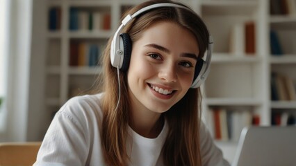 Close up of happy female student engages in online education, wearing headphones while working on a laptop in a well-lit room with bookshelves in the background white room