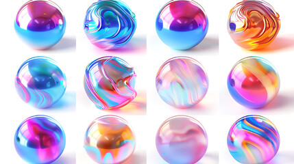 Holographic liquid metal sphere round shapes set isolated. Iridescent wavy melted substance isolated background.