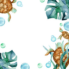 Nautical postcard template with place for text. Tropical leaves, sea turtle, algae, bubbles isolated on background. Invitation, party flyer.