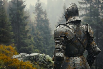 Fototapeta premium A knight in full armor stands on a rocky hillside