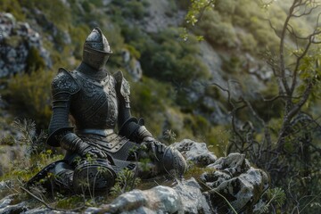 Fototapeta premium A knight in full armor sits on a rock overlooking a forest