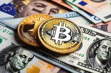 Bitcoin lying on top of a pile of dollar euro banknotes. Exchange US dollars for bitcoin. Cryptocurrency on dollar bills. Digital method of payment. Concept of virtual money. a Bitcoin coin is on top