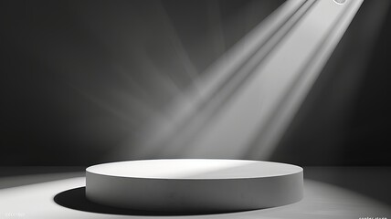 Fototapeta premium A dramatic minimalist scene featuring a solitary white pedestal under a striking spotlight in a dark, spacious room.